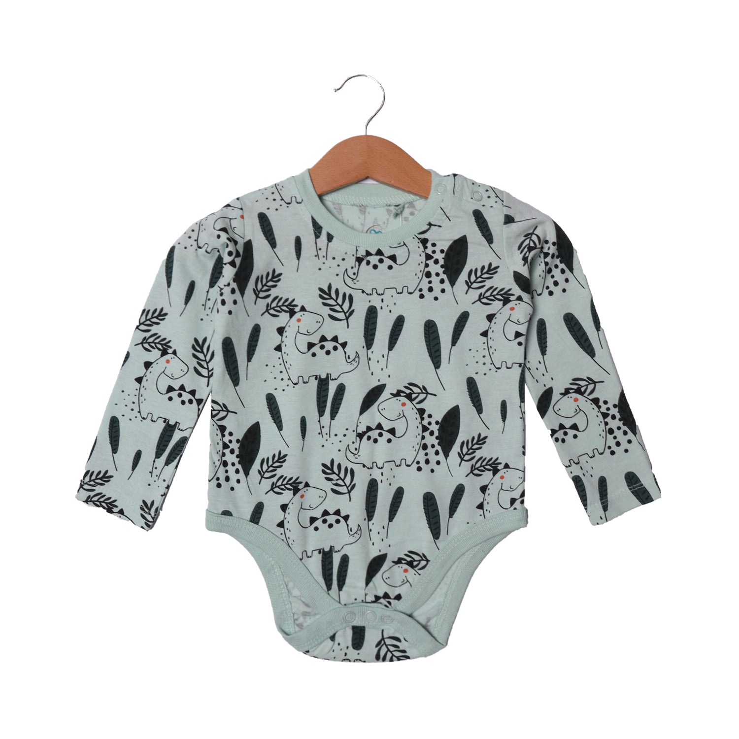 LIGHT GREEN DINO & LEAF PRINTED FULL SLEEVES HALF BODY ROMPER