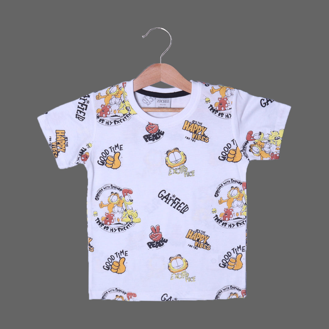 WHITE GARFIELD PRINTED HALF SLEEVES T-SHIRT FOR BOYS