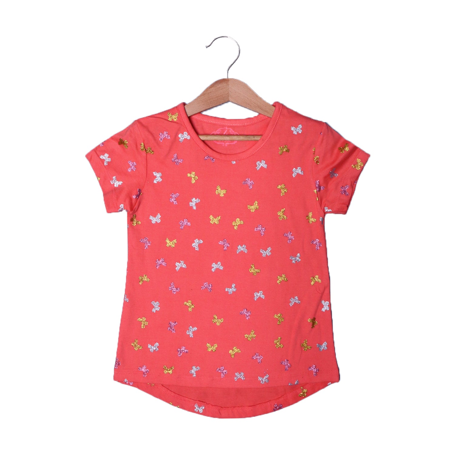 DARK PEACH GLITTER BUTTERFLY PRINTED T-SHIRT TOP FOR GIRLS Secondary image