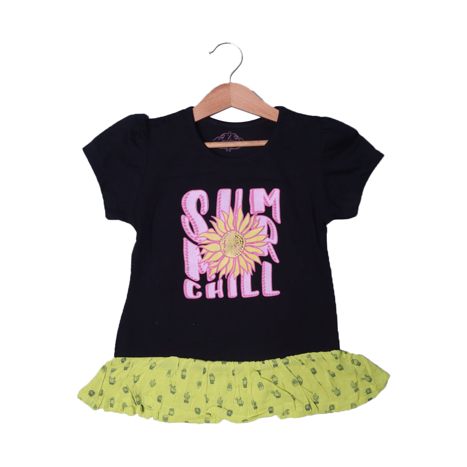 BLACK & YELLOW SUMMER CHILL PRINTED T-SHIRT TOP FOR GIRLS Secondary image