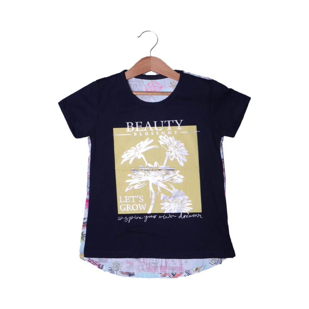 NAVY BLUE BEAUTY BLOSSOMS PRINTED T-SHIRT TOP FOR GIRLS