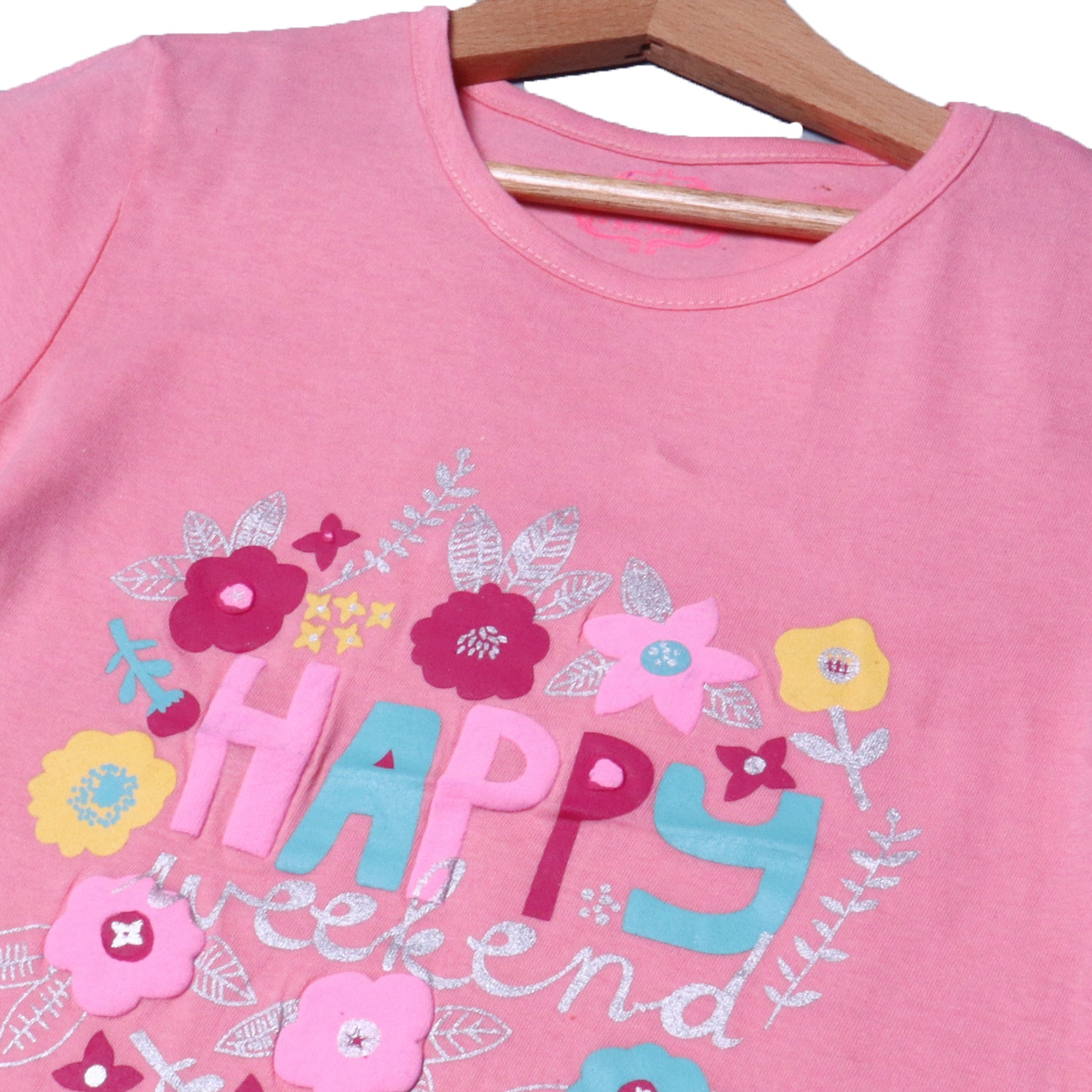 NEW PINK HAPPY WEEKEND PRINTED T-SHIRT TOP FOR GIRLS