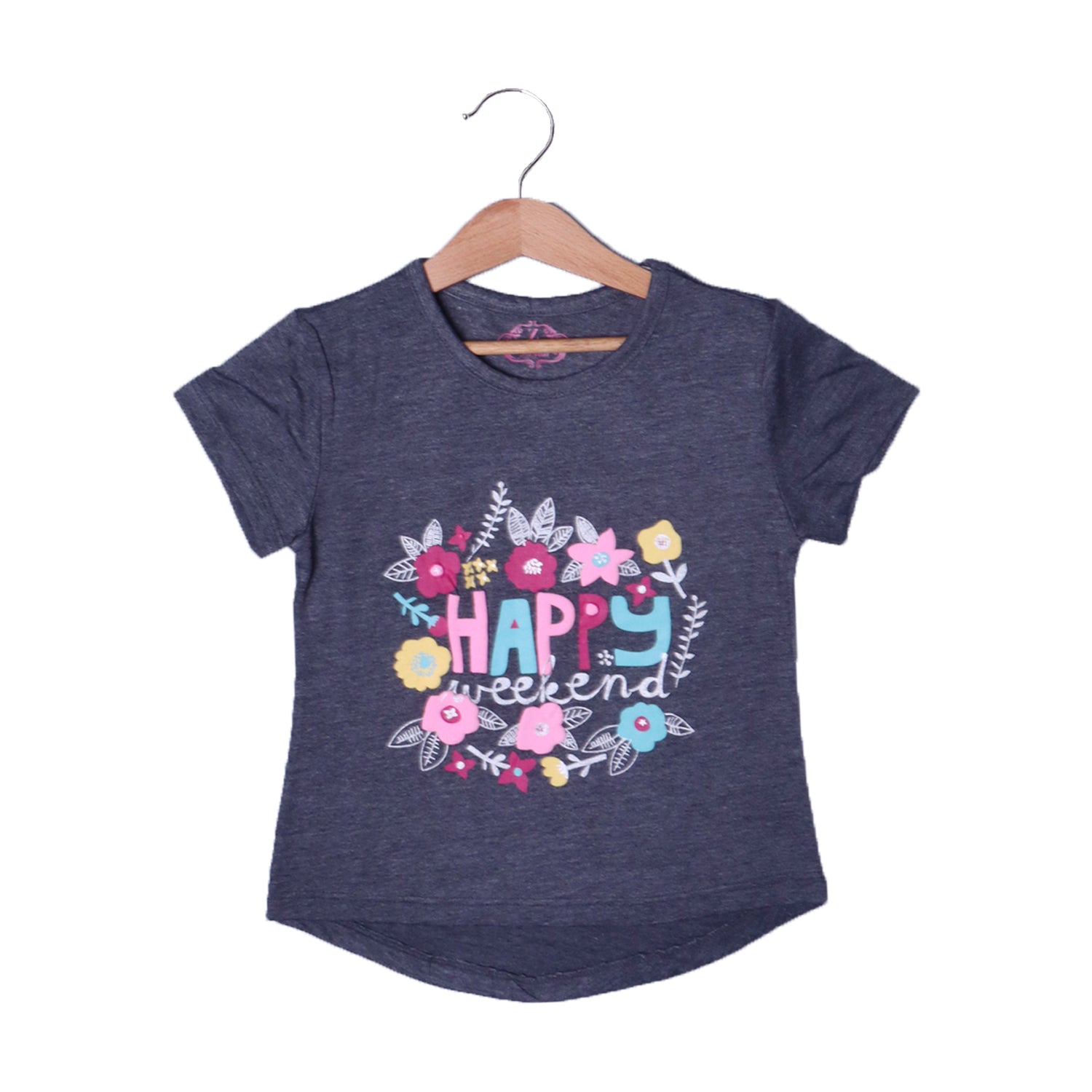 CHARCOAL GREY HAPPY WEEKEND PRINTED T-SHIRT TOP FOR GIRLS Secondary image