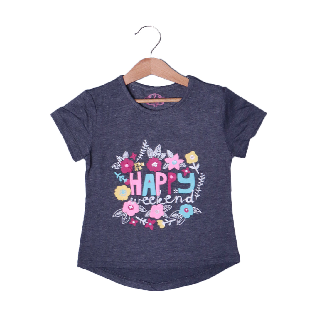 CHARCOAL GREY HAPPY WEEKEND PRINTED T-SHIRT TOP FOR GIRLS