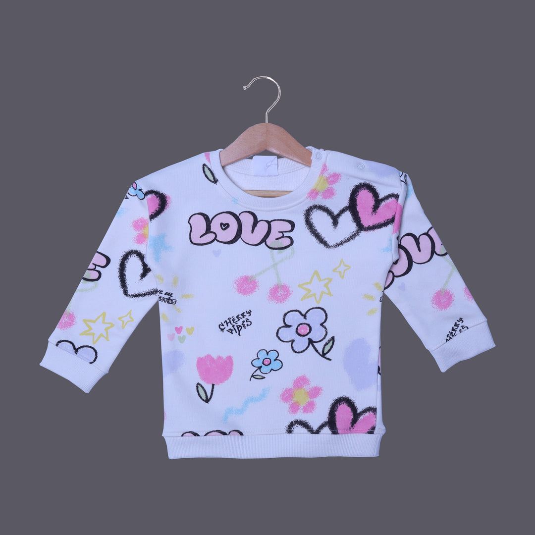 OFF WHITE LOVE & HEART PRINTED TERRY FABRIC SWEATSHIRT FOR GIRLS