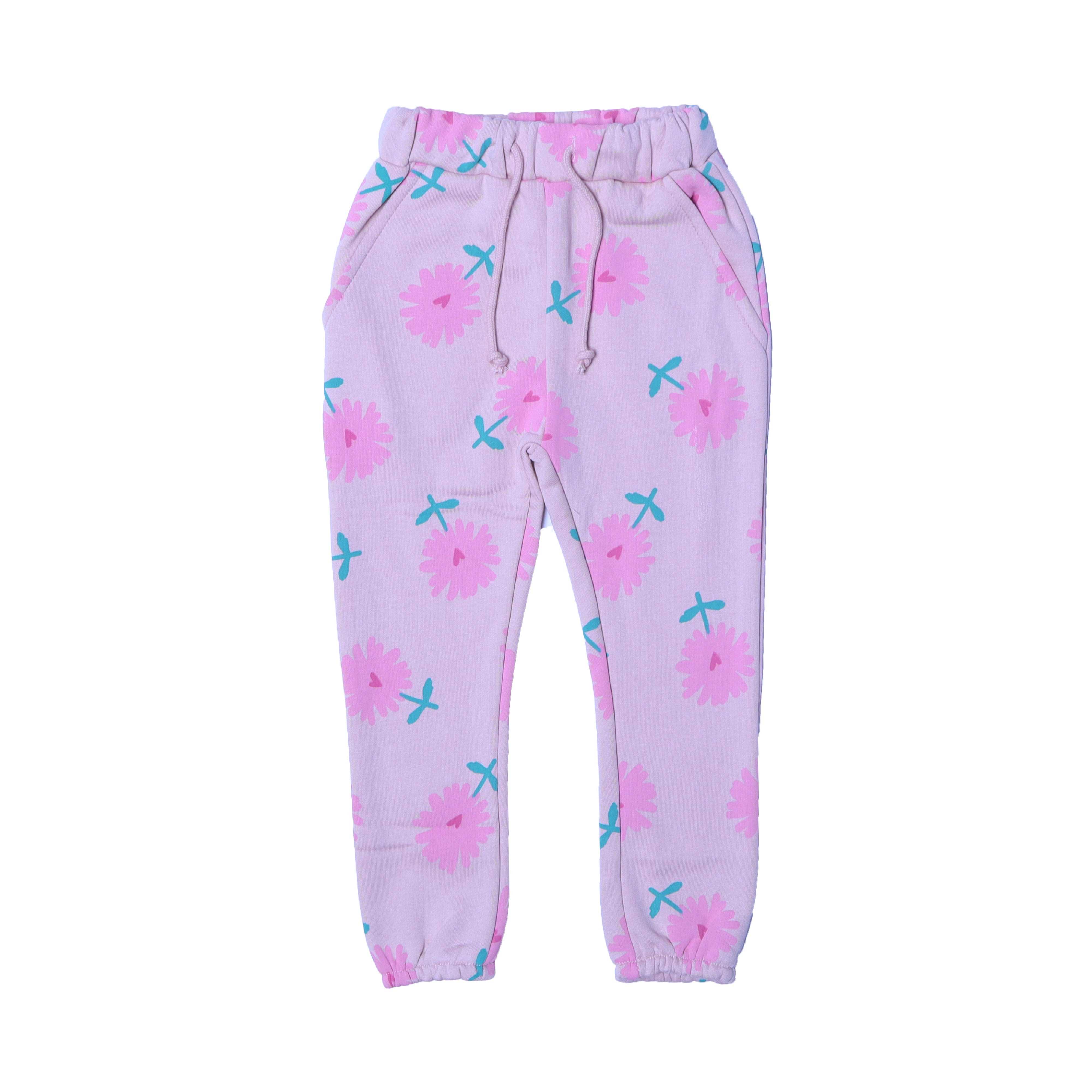 PINK WITH FLOWERS PRINTED DOUBLE POCKET JOGGER PANTS TROUSER Main image