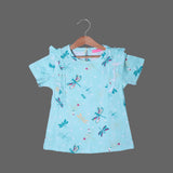 SEA GREEN DRAGONFLY PRINTED T-SHIRT TOP FOR GIRLS