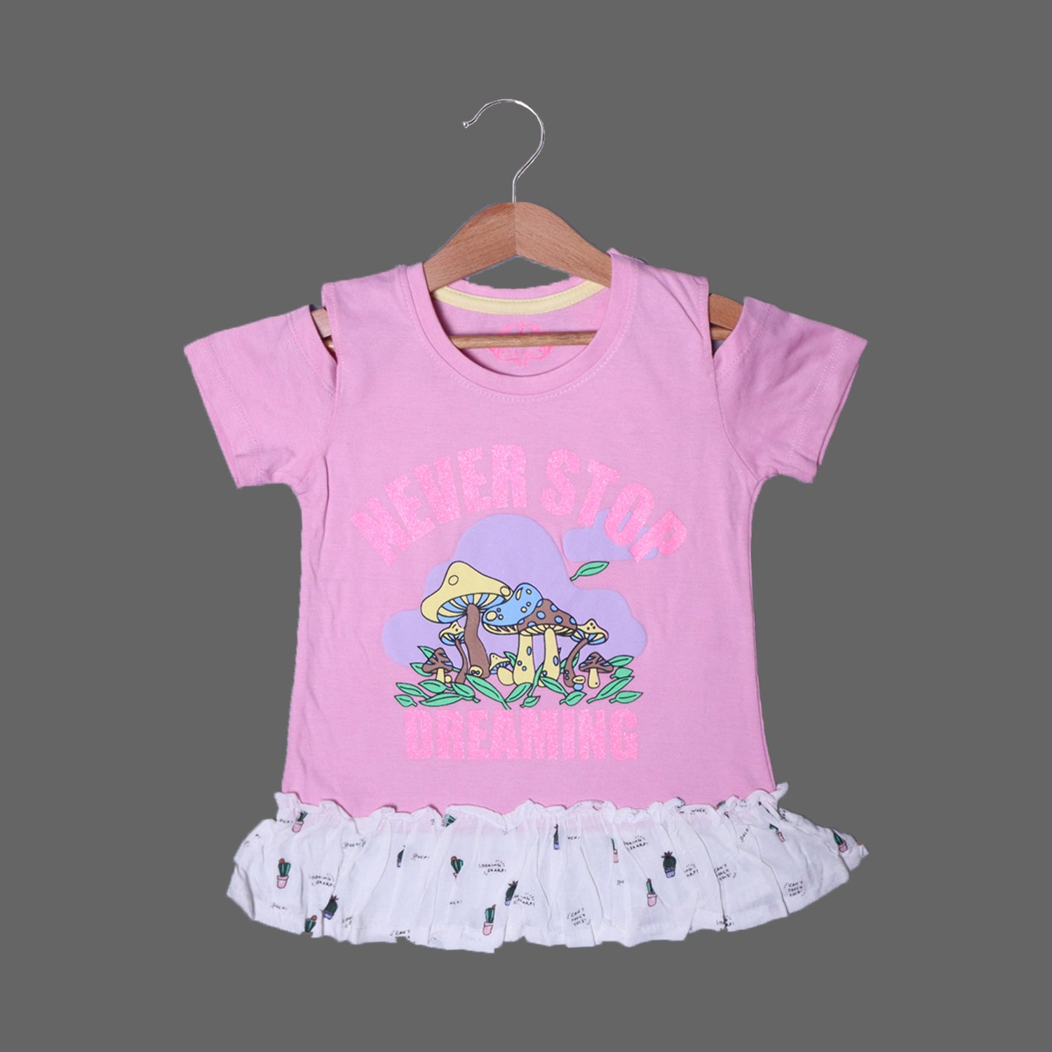 LIGHT PURPLE NEVER STOP PRINTED COLD SHOULDER T-SHIRT TOP FOR GIRLS Secondary image