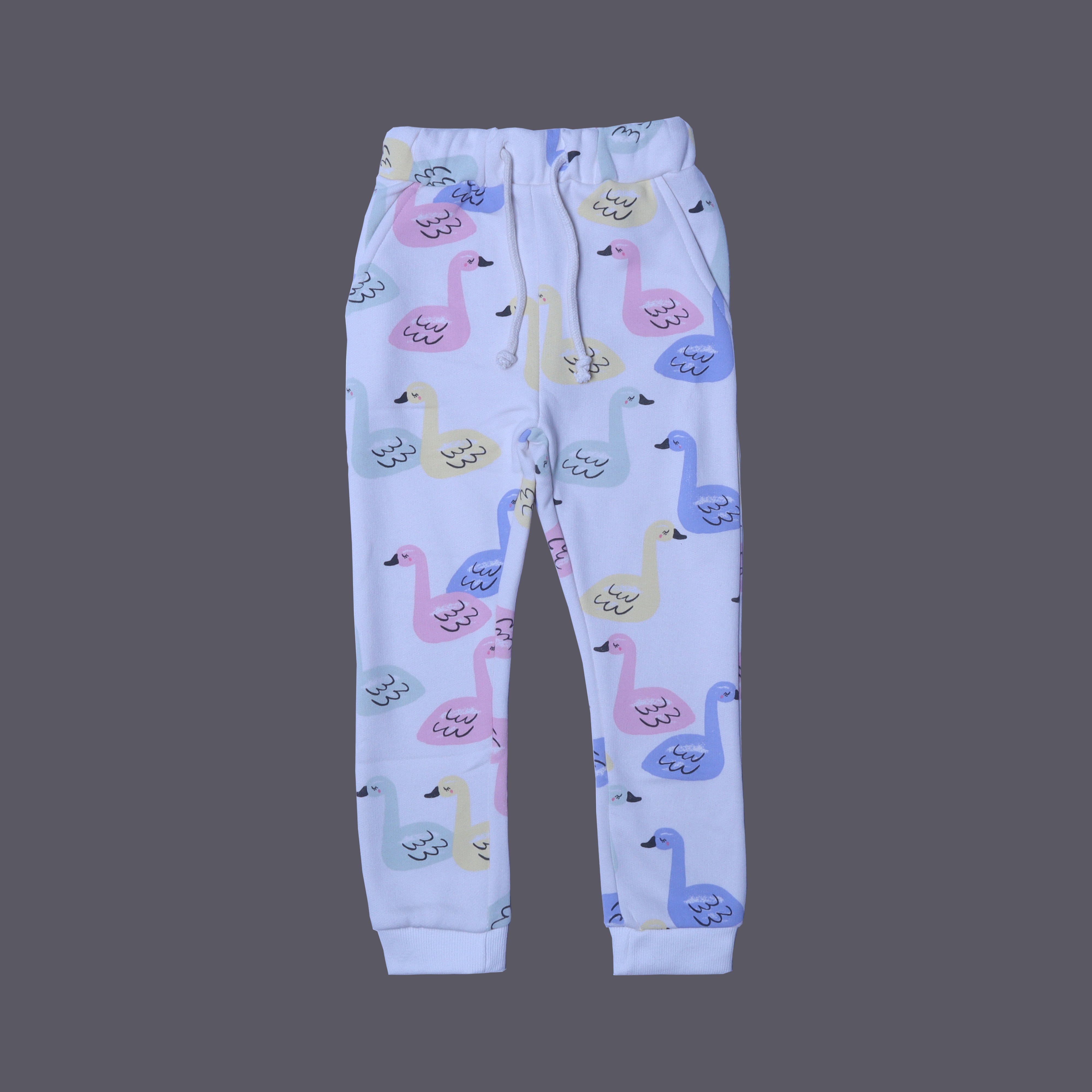 PACK OF 2 PINK FLOWERS & DUCKS PRINTED DOUBLE POCKET JOGGER PANTS TROUSER
