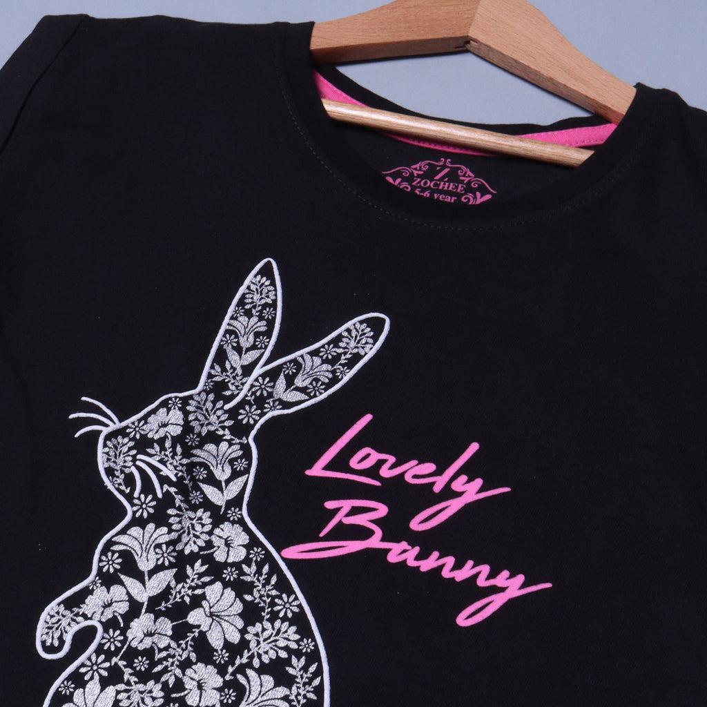 BLACK LOVELY BUNNY PRINTED T-SHIRT TOP FOR GIRLS