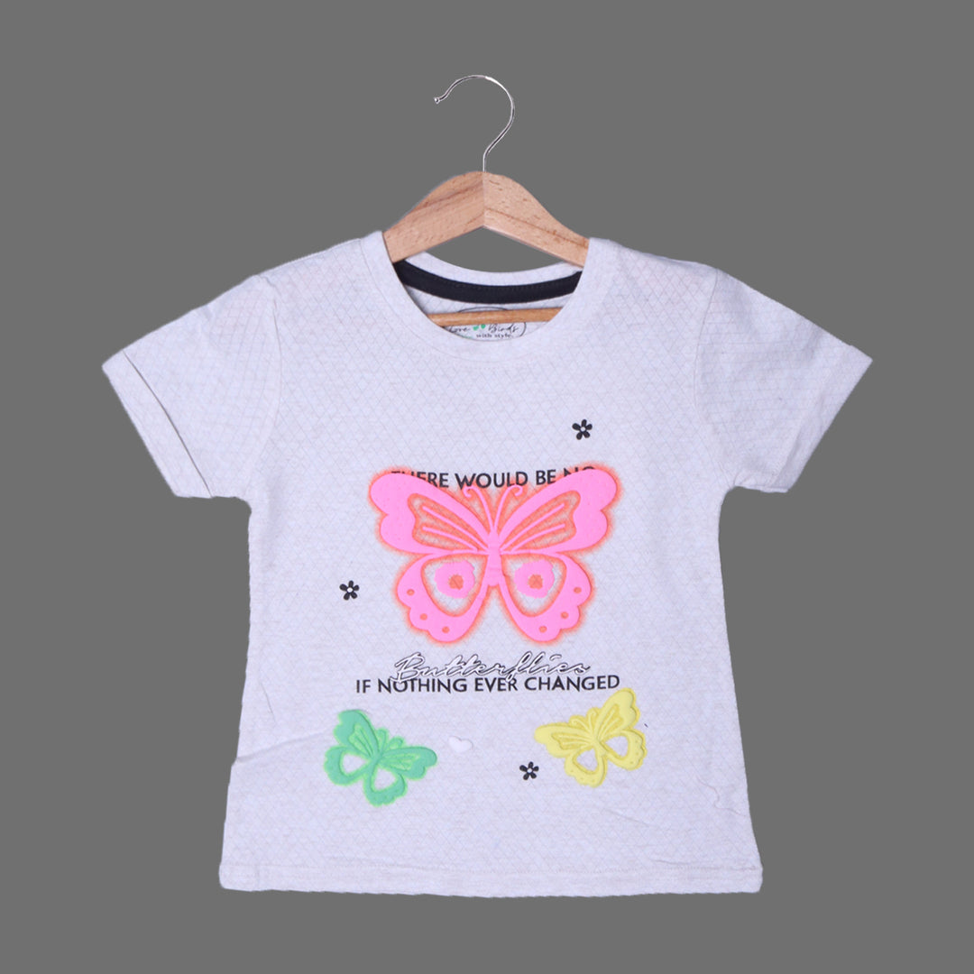 ASH WHITE EVER CHANGED BUTTERFLIES PRINTED T-SHIRT TOP FOR GIRLS