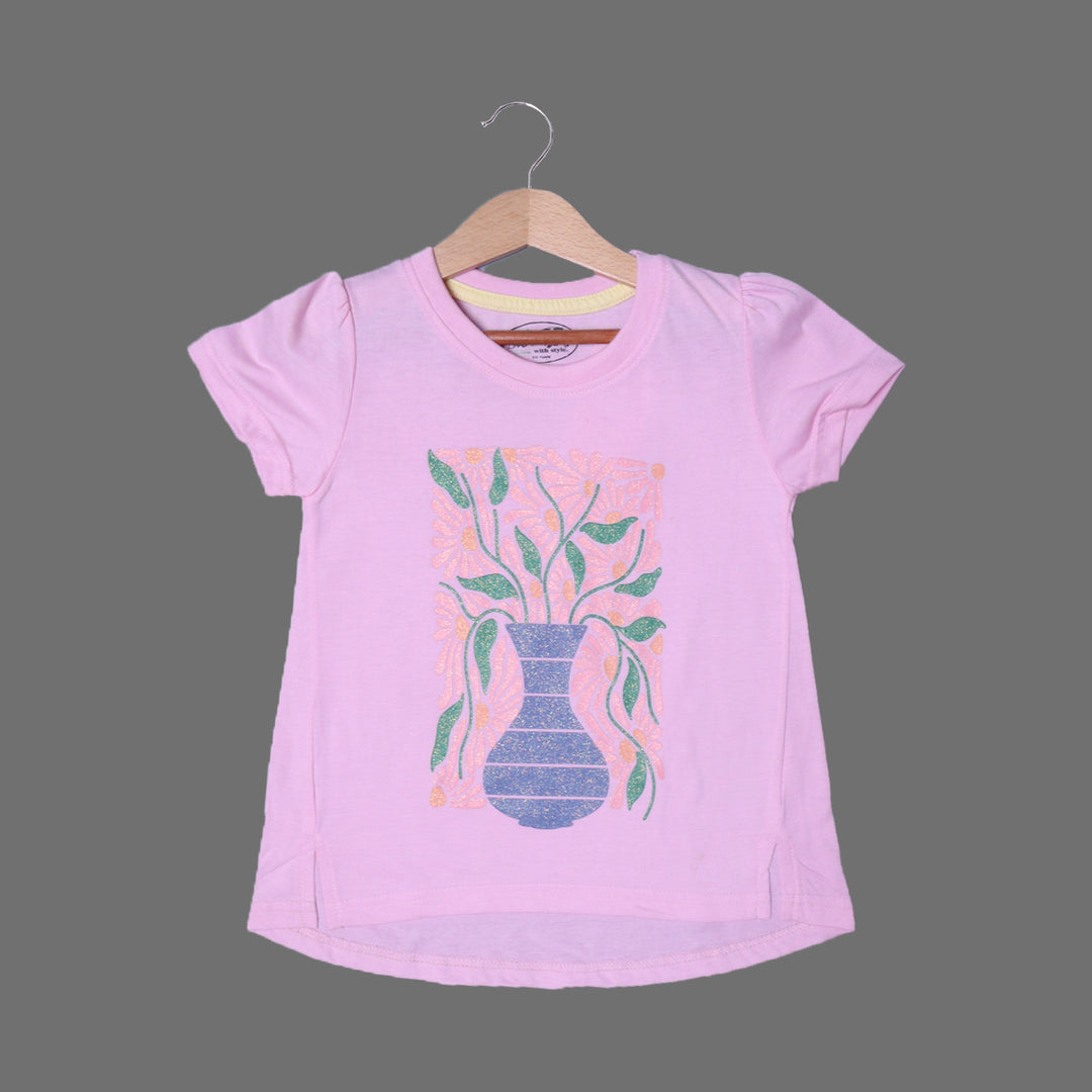 PINK FLOWERS VASE PRINTED T-SHIRT TOP FOR GIRLS