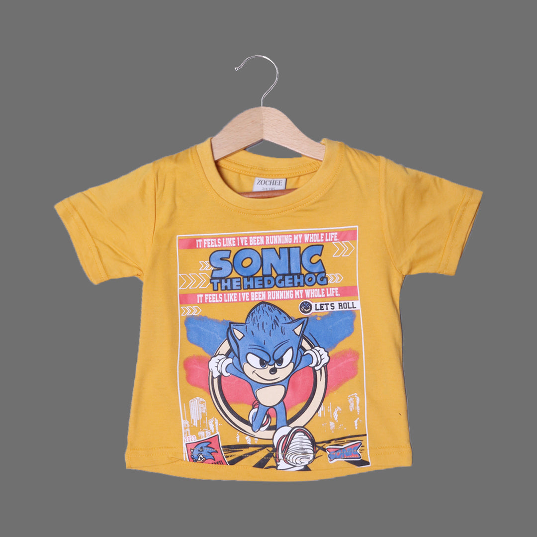MUSTARD SONIC PRINTED HALF SLEEVES T-SHIRT FOR BOYS
