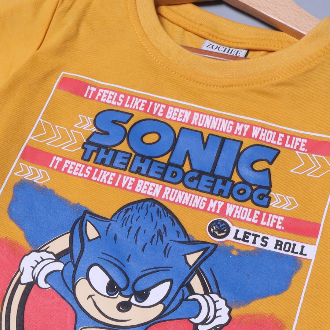 MUSTARD SONIC PRINTED HALF SLEEVES T-SHIRT FOR BOYS