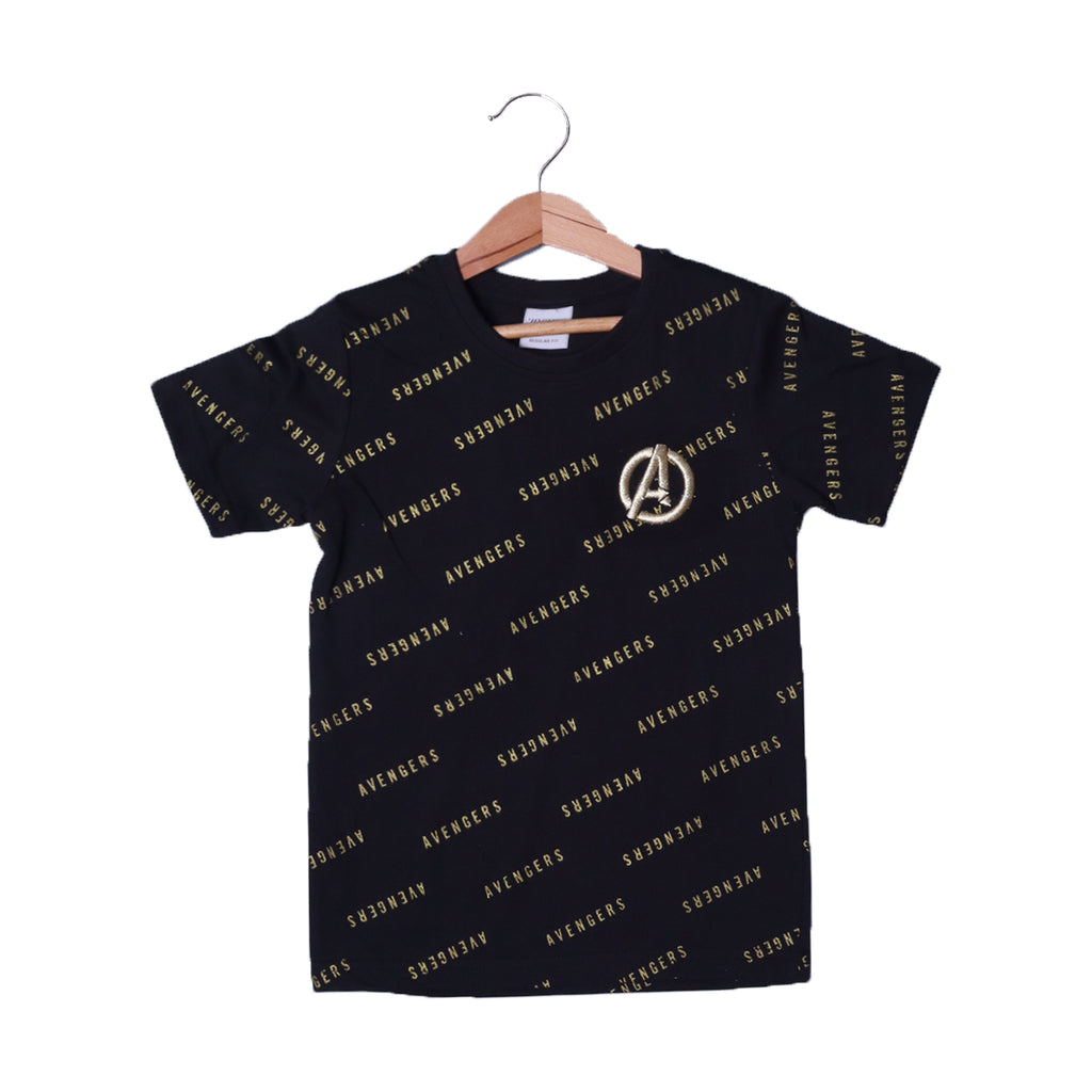 BLACK WITH GOLDEN "A" EMBROIDERED HALF SLEEVES T-SHIRT FOR BOYS