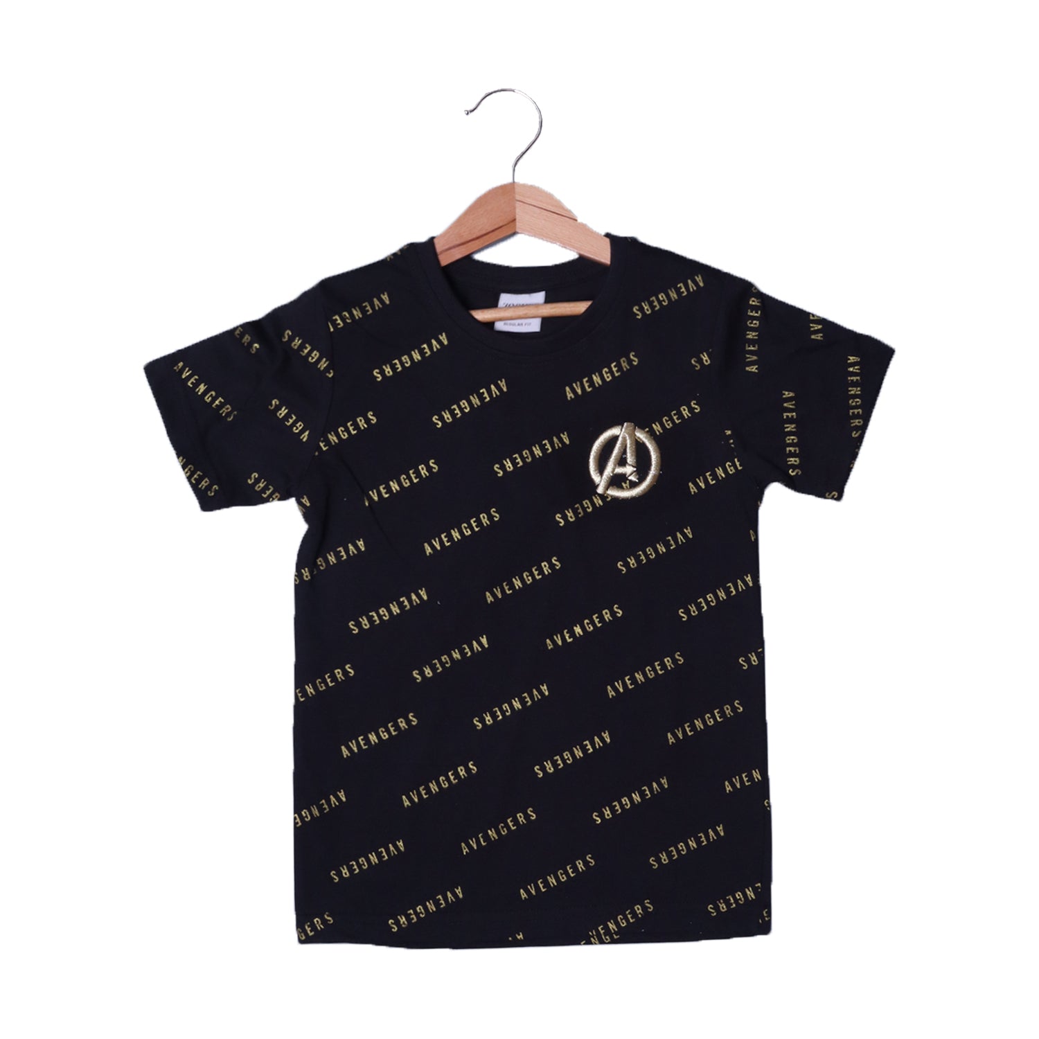 BLACK WITH GOLDEN "A" EMBROIDERED HALF SLEEVES T-SHIRT FOR BOYS
