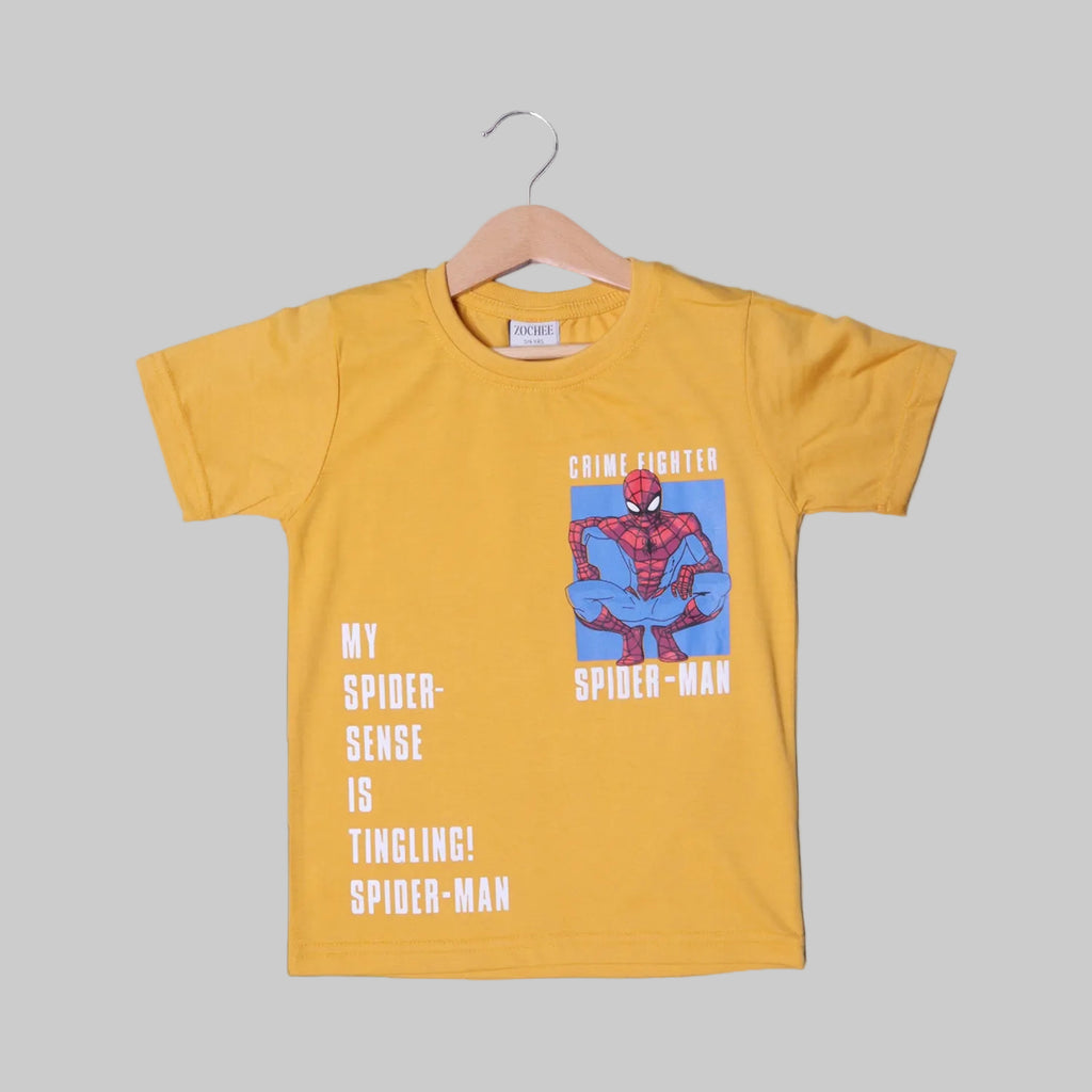 MUSTARD CRIME FIGHTER PRINTED HALF SLEEVES T-SHIRT FOR BOYS