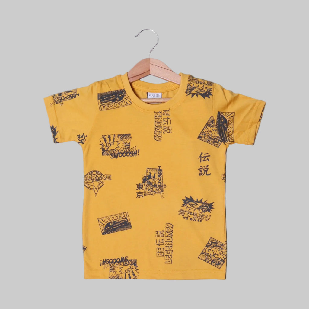 MUSTARD SWOOSH PRINTED HALF SLEEVES T-SHIRT FOR BOYS