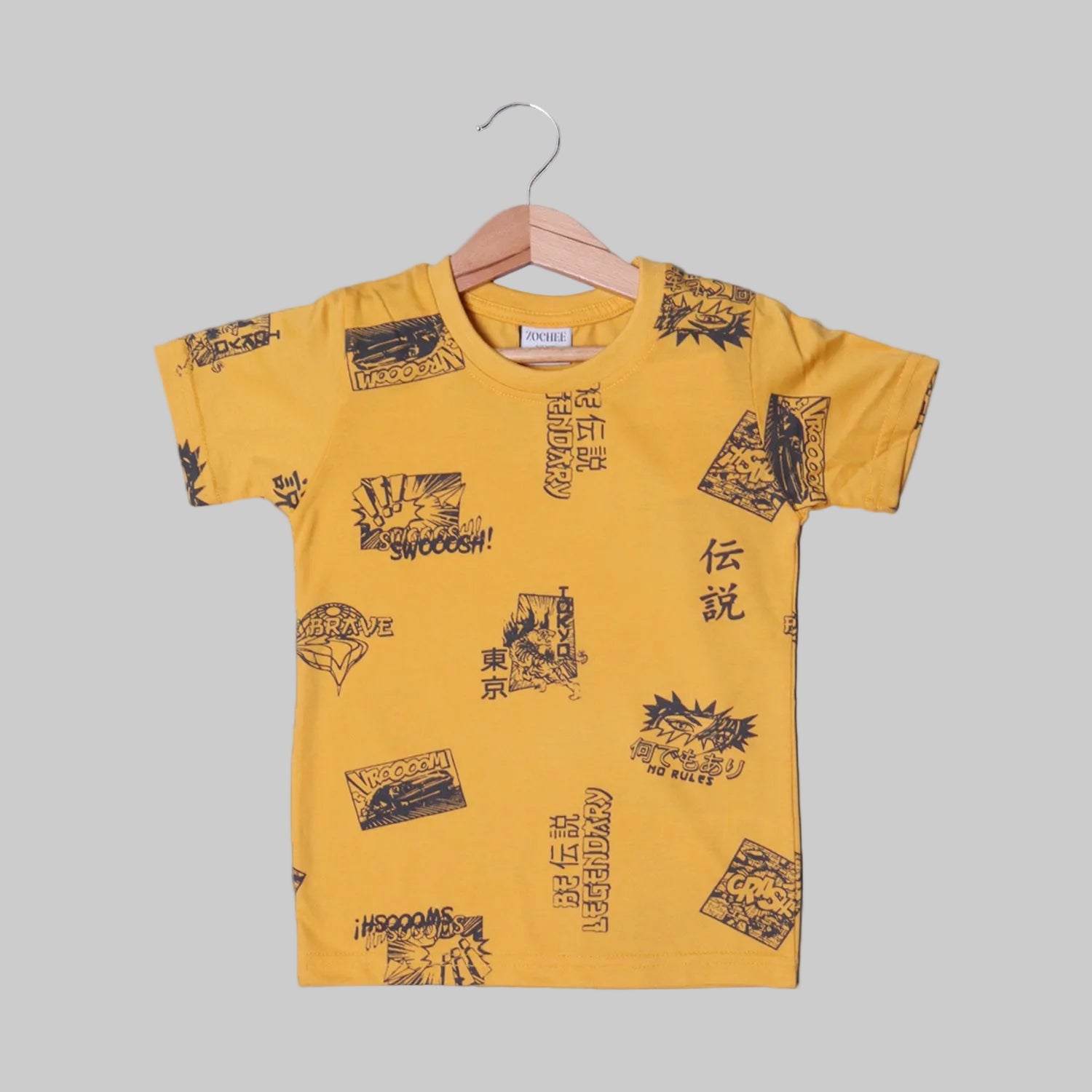 MUSTARD SWOOSH PRINTED HALF SLEEVES T-SHIRT FOR BOYS