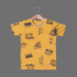 MUSTARD SWOOSH PRINTED HALF SLEEVES T-SHIRT FOR BOYS