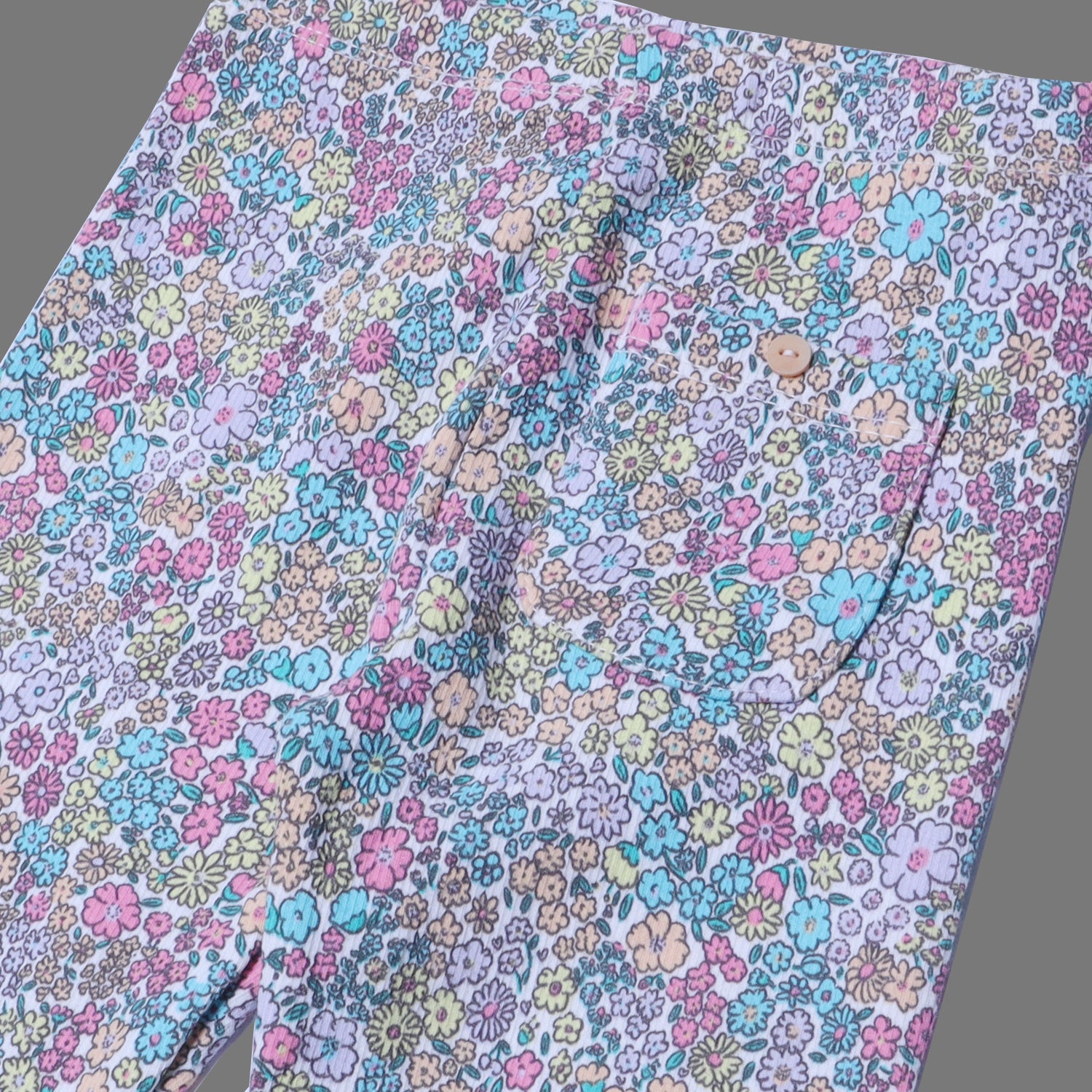 OFF WHITE YELLOW & PINK FLOWERS PRINTED RIBBED FABRIC BACK POCKET PAJAMA Secondary image