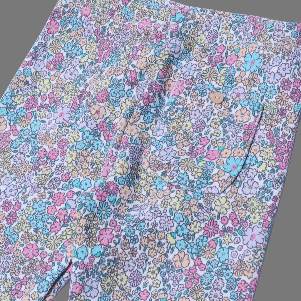 OFF WHITE YELLOW & PINK FLOWERS PRINTED RIBBED FABRIC BACK POCKET PAJAMA