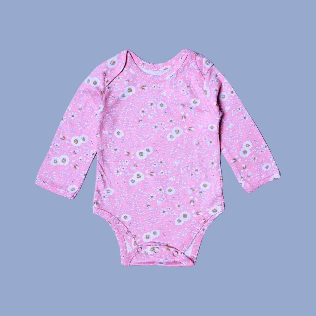 PINK FLOWERS PRINT COTTON JERSY FABRIC HALF BODY FULL SLEEVES ROMPER