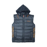 BRANDED BLACK WITH YELLOW WRITING SLEEVELESS PUFFER JACKET WITH REMOVABLE HOOD FOR MENS