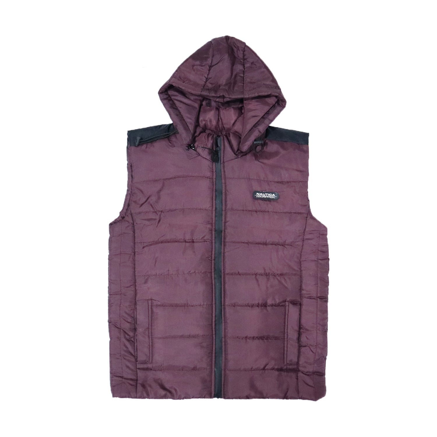 BRANDED DARK MAROON SLEEVELESS PUFFER JACKET WITH REMOVABLE HOOD FOR MENS