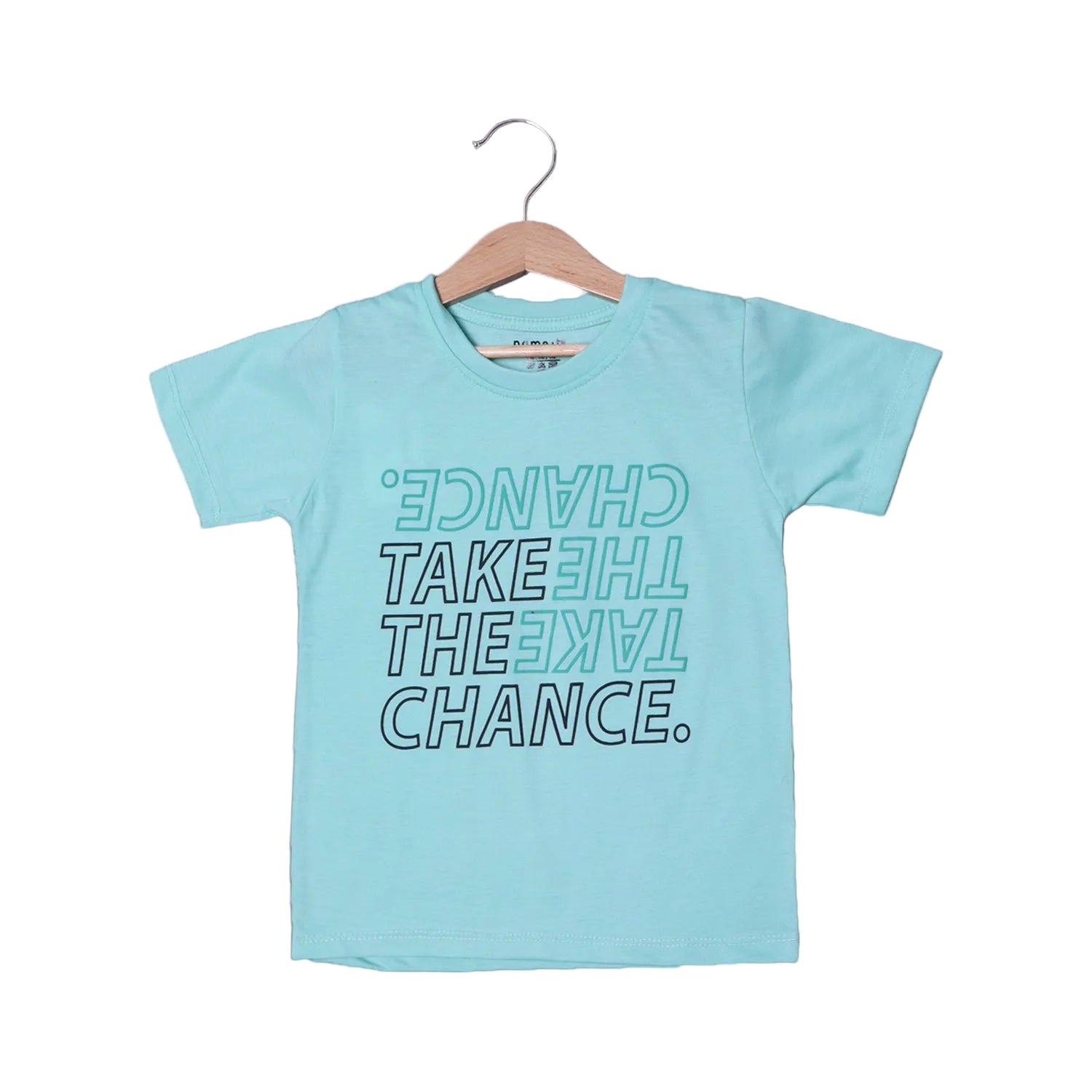 TURQUOISE TAKE THE CHANCE PRINTED HALF SLEEVES T-SHIRT FOR BOYS