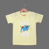 LIME YELLOW WAVE SHARK RIDER PRINTED HALF SLEEVES T-SHIRT FOR BOYS