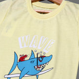 LIME YELLOW WAVE SHARK RIDER PRINTED HALF SLEEVES T-SHIRT FOR BOYS