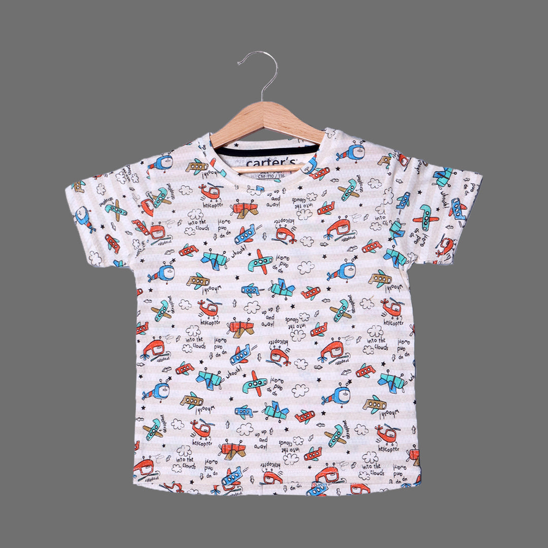 CREAM "HELICOPTER IN TO THE CLOUDS"1 PRINTED HALF SLEEVES T-SHIRT FOR BOYS