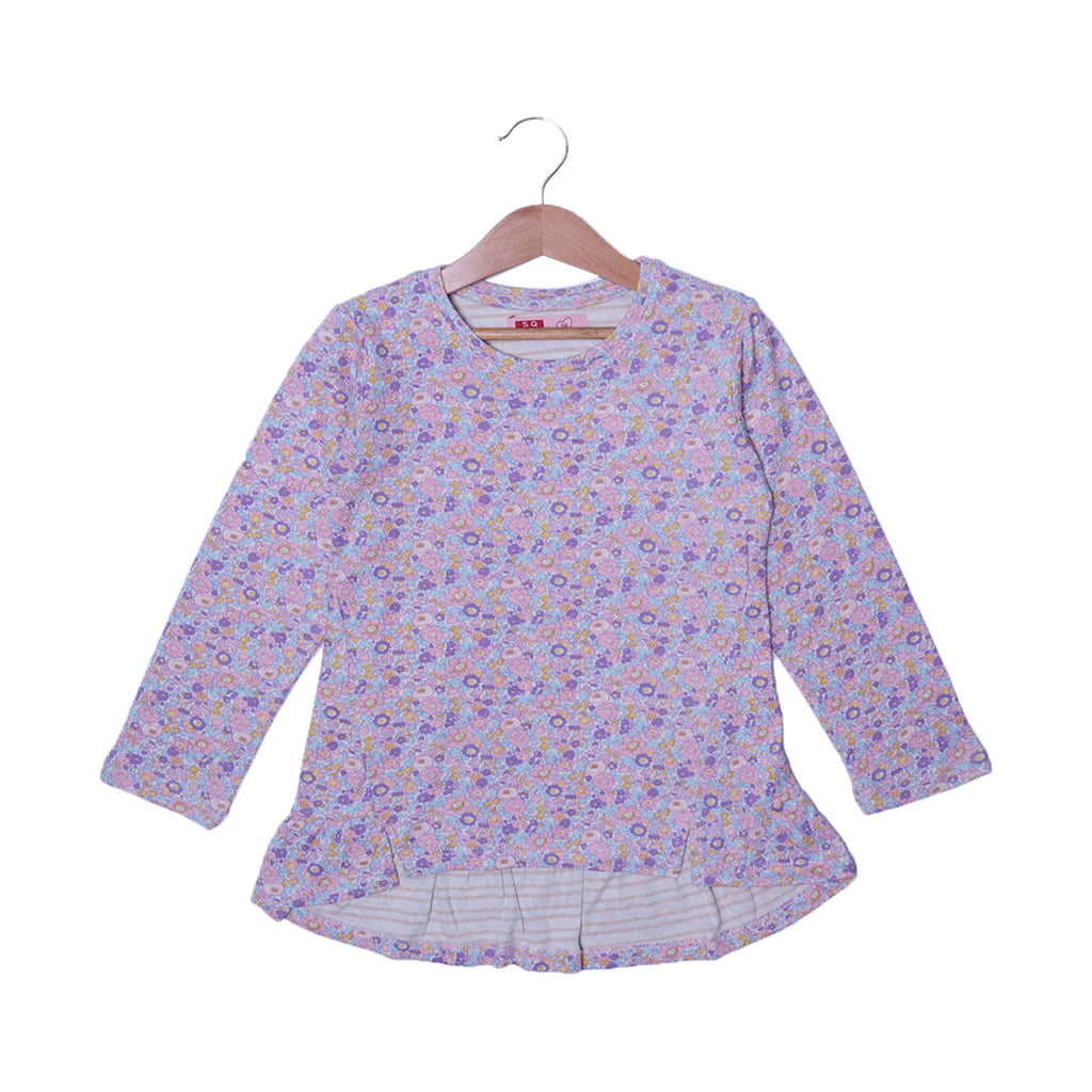 WHITE WITH PURPLE FLOWERS PRINTED BOTTOM CUT FULL SLEEVES T-SHIRT FOR GIRLS