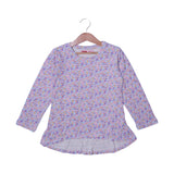 WHITE WITH PURPLE FLOWERS PRINTED BOTTOM CUT FULL SLEEVES T-SHIRT FOR GIRLS