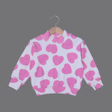 WHITE WITH PINK HEARTS PRINTED RIBBED FABRIC HIGH NECK & TROUSER SUIT