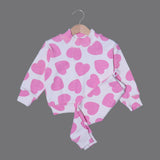 WHITE WITH PINK HEARTS PRINTED RIBBED FABRIC HIGH NECK & TROUSER SUIT