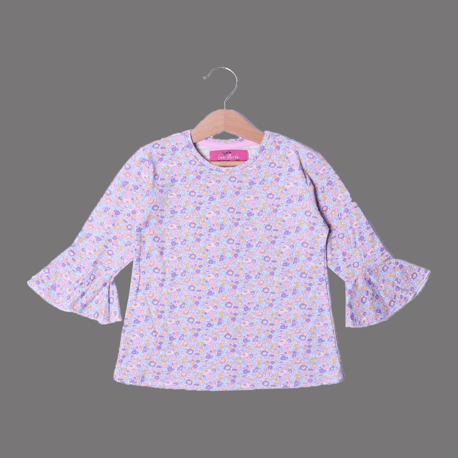 WHITE WITH PURPLE FLOWERS FRIL SLEEVES PRINTED FULL SLEEVES T-SHIRT FOR GIRLS Secondary image