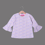 WHITE WITH PURPLE FLOWERS FRIL SLEEVES PRINTED FULL SLEEVES T-SHIRT FOR GIRLS