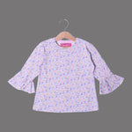 Load image into Gallery viewer, WHITE WITH PURPLE FLOWERS FRIL SLEEVES PRINTED FULL SLEEVES T-SHIRT FOR GIRLS
