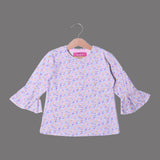 WHITE WITH PURPLE FLOWERS FRIL SLEEVES PRINTED FULL SLEEVES T-SHIRT FOR GIRLS