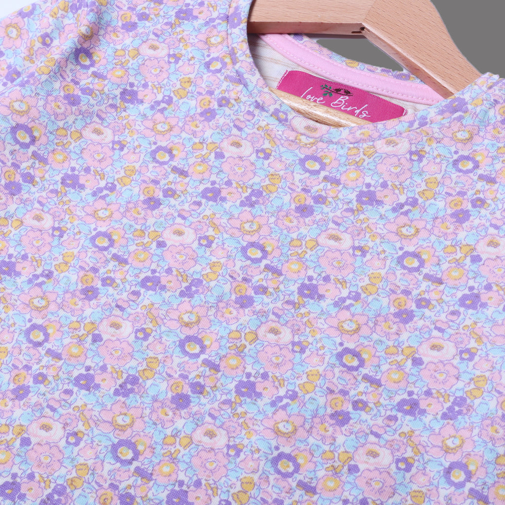 WHITE WITH PURPLE FLOWERS FRIL SLEEVES PRINTED FULL SLEEVES T-SHIRT FOR GIRLS