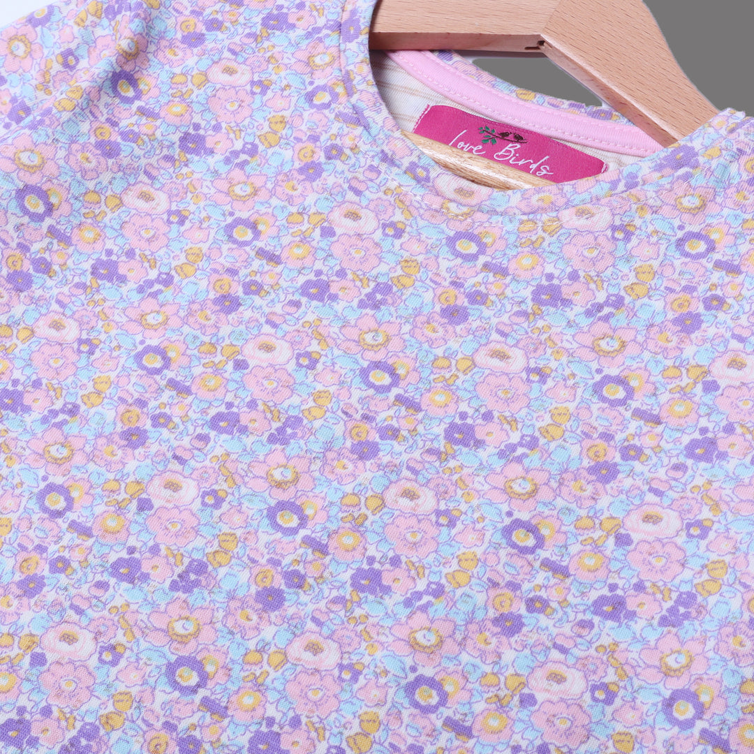WHITE WITH PURPLE FLOWERS FRIL SLEEVES PRINTED FULL SLEEVES T-SHIRT FOR GIRLS