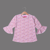 BABY PINK FLOWERS FRIL SLEEVES PRINTED FULL SLEEVES T-SHIRT FOR GIRLS