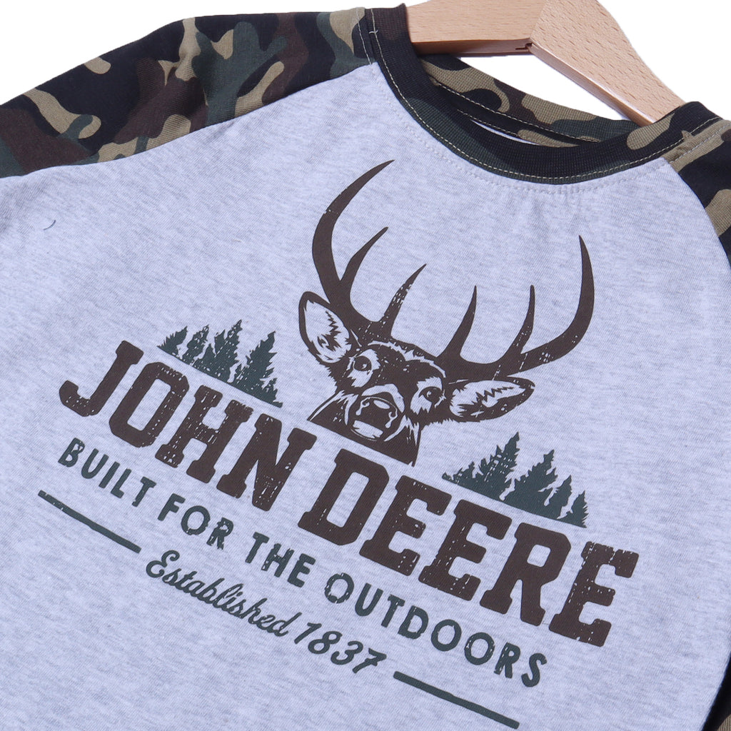 HAZEL GREY WITH CAMOUFLAGE SLEEVES DEERE PRINTED FULL SLEEVES T-SHIRT