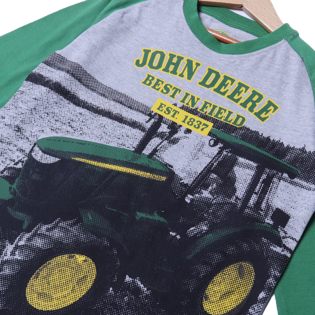 LIGHT GREY WITH GREEN SLEEVES TRACTOR PRINTED FULL SLEEVES T-SHIRT