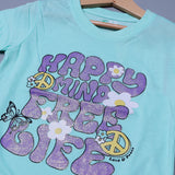 SEA GREEN HAPPY MIND FREE LIFE PRINTED T-SHIRT TOP FOR GIRLS