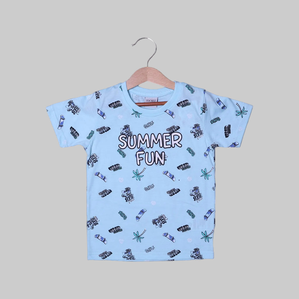 SKY BLUE SUMMER FUN PRINTED HALF SLEEVES T-SHIRT