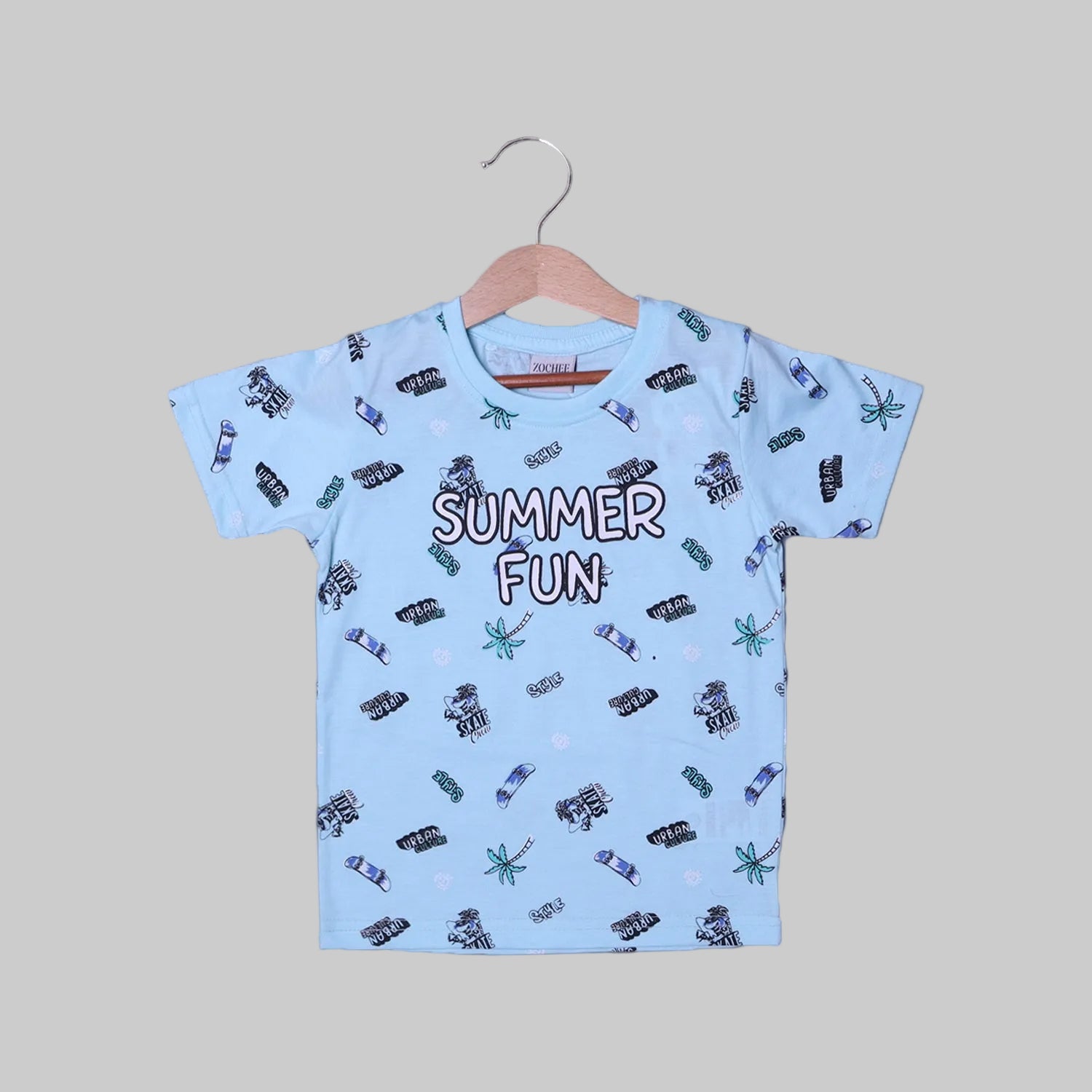 SKY BLUE SUMMER FUN PRINTED HALF SLEEVES T-SHIRT