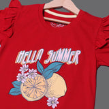 RED HELLO SUMMER LEMON PRINTED T-SHIRT TOP FOR GIRLS
